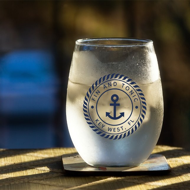 Nautical Navy Blue Anchor Boat Name Stemless Wine Glass (Creator Uploaded)