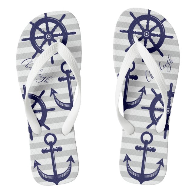 Nautical Navy Blue Anchor Boat Wheel Grey Stripe Flip Flops (Footbed)