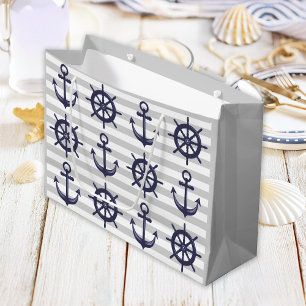 Nautical Navy Blue Anchor Boat Wheel Grey Stripe Large Gift Bag