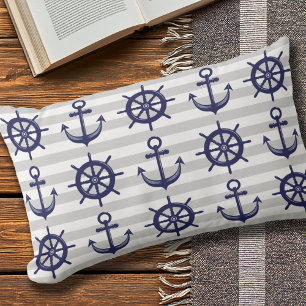 Nautical Navy Blue Anchor Boat Wheel Grey Stripe Lumbar Cushion
