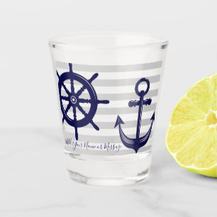 Nautical Navy Blue Anchor Boat Wheel Grey Stripe Shot Glass