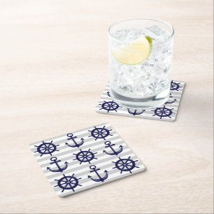 Nautical Navy Blue Anchor Boat Wheel Grey Stripe Square Paper Coaster