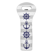 Nautical Navy Blue Anchor Boat Wheel Grey Stripe