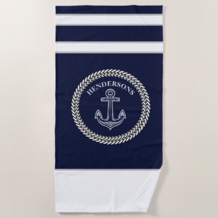 Nautical Navy Blue Anchor Coastal Monogram Beach Towel