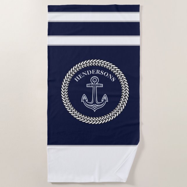 Nautical Navy Blue Anchor Coastal Monogram  Beach Towel (Front)