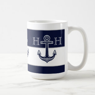 Nautical Navy Blue Anchor Coastal Monogram Coffee  Mug