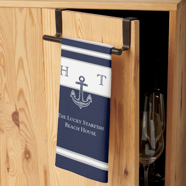 Nautical Navy Blue Anchor Coastal Monogram Name  B Tea Towel (Thirds Fold)