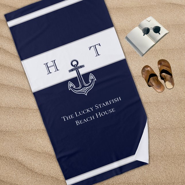 Nautical Navy Blue Anchor Coastal Monogram Name  Beach Towel (Creator Uploaded)