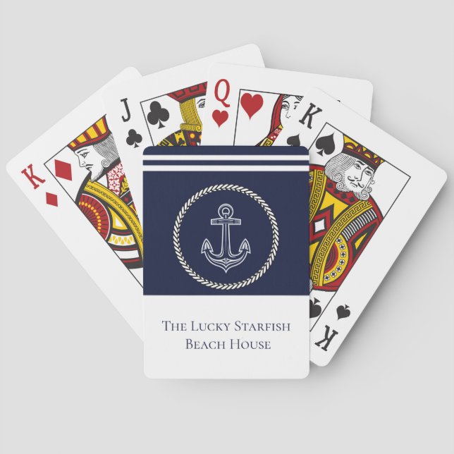 Nautical Navy Blue Anchor Coastal Monogram Name Playing Cards (Back)