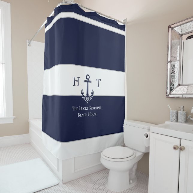 Nautical Navy Blue Anchor Coastal Monogram Name Shower Curtain (In Situ)