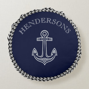 Nautical Navy Blue Anchor Coastal Monogram Round P Cushion