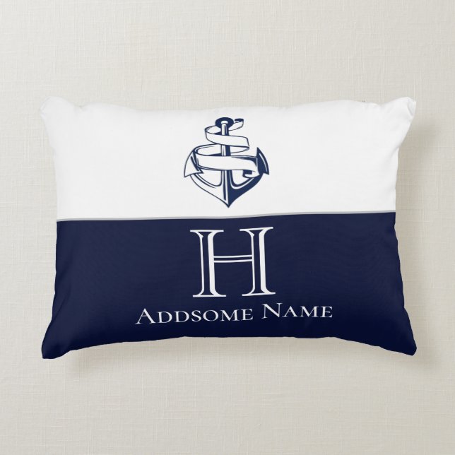 Nautical Navy Blue Anchor Coastal Monogrammed Decorative Cushion (Front)
