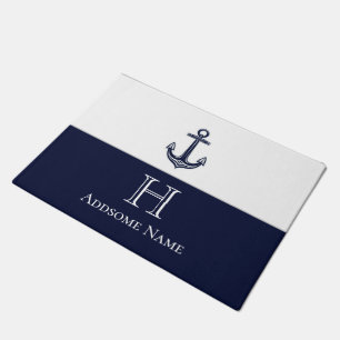 Nautical Navy Blue Anchor Coastal Monogrammed Doormat
