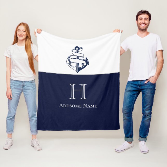 Nautical Navy Blue Anchor Coastal Monogrammed Fleece Blanket (In Situ)