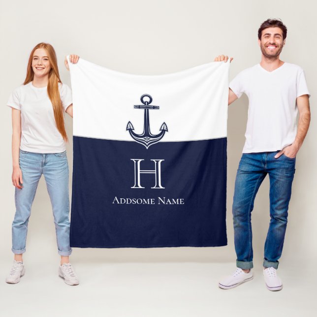 Nautical Navy Blue Anchor Coastal Monogrammed Fleece Blanket (In Situ)