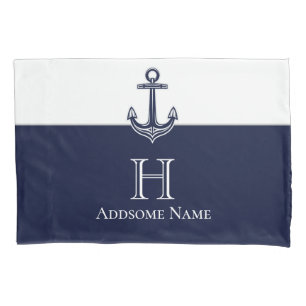 Nautical Navy Blue Anchor Coastal Monogrammed Pillowcase
