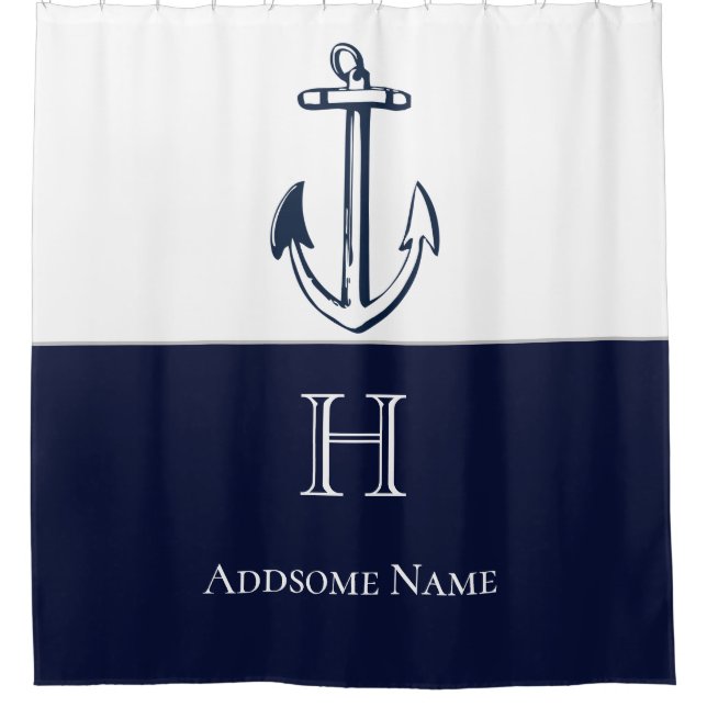 Nautical Navy Blue Anchor Coastal Monogrammed Show Shower Curtain (Front)