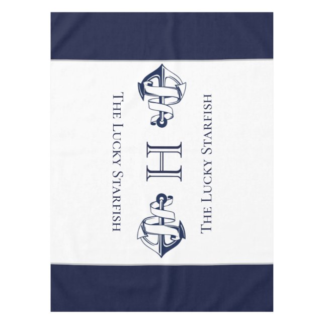 Nautical Navy Blue Anchor Coastal Monogrammed  Tab Tablecloth (Front)