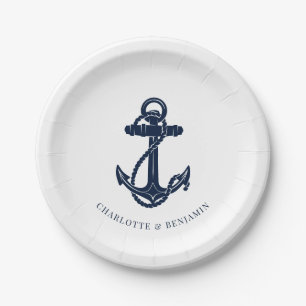Nautical Navy Blue Anchor Coastal Wedding Paper Plate