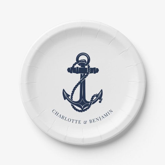 Nautical Navy Blue Anchor Coastal Wedding Paper Plate (Front)