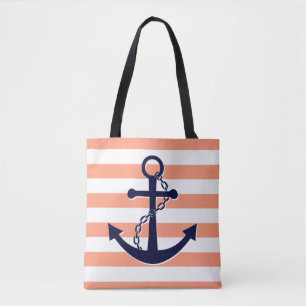 Nautical Navy Blue Anchor Coral Peach Stripe Beach Tote Bag