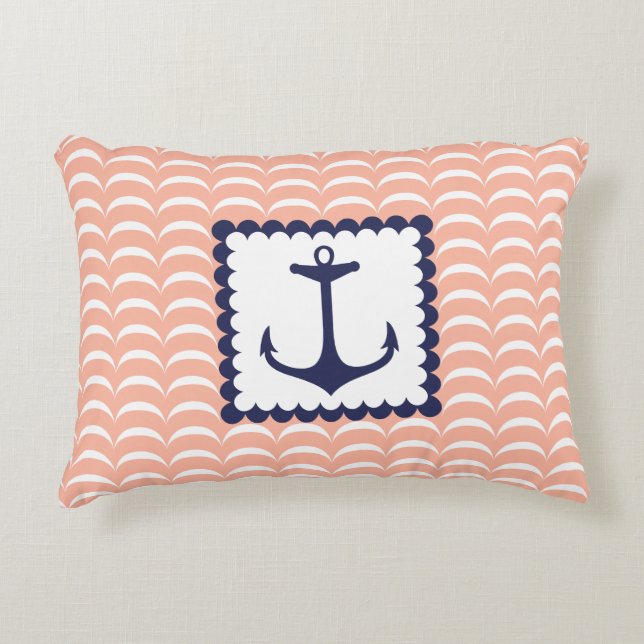 Nautical Navy Blue Anchor Coral Pink Waves Decorative Cushion (Front)