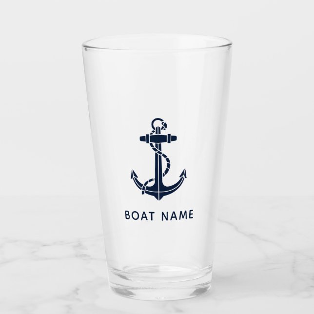 Nautical Navy Blue Anchor Custom Boat Name  Glass (Front)