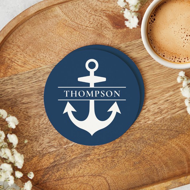 Nautical Navy Blue Anchor Custom Monogram Name Round Paper Coaster (Creator Uploaded)