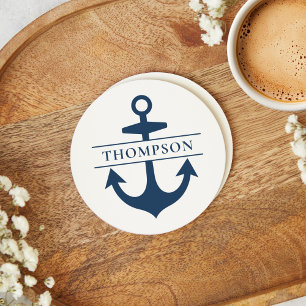 Nautical Navy Blue Anchor Custom Monogram Name Round Paper Coaster