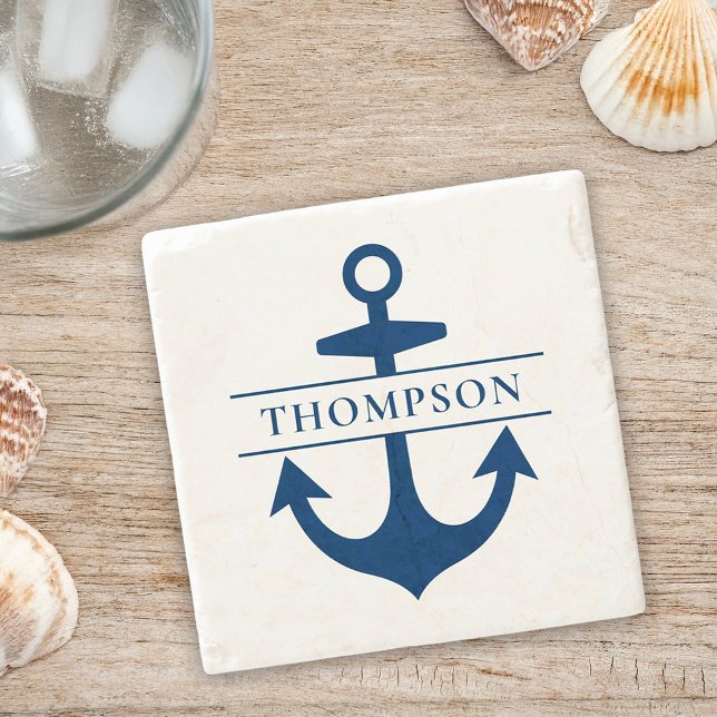 Nautical Navy Blue Anchor Custom Monogram Name Stone Coaster (Creator Uploaded)
