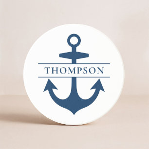 Nautical Navy Blue Anchor Custom Name Coaster