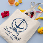 Nautical Navy Blue Anchor Custom Wedding Tote Bag<br><div class="desc">Nautical tote bag features a navy blue boat anchor with decorative rope knot frame and custom text that can be personalised for your vacation or special event.</div>