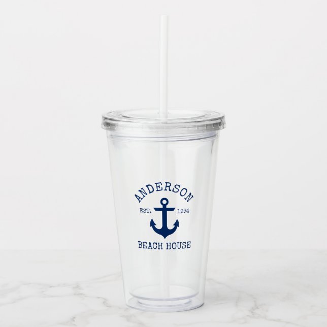 Nautical Navy Blue Anchor Family Beach House Acrylic Tumbler (Front)