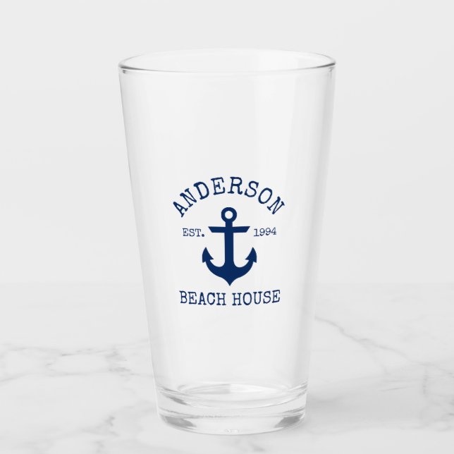 Nautical Navy Blue Anchor Family Beach House Glass (Front)