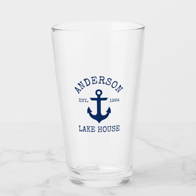 Nautical Navy Blue Anchor Family Lake House Glass (Front)