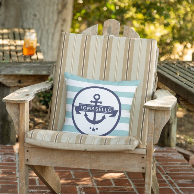 Nautical Navy Blue Anchor Family Name Aqua Stripes Cushion (Chair)