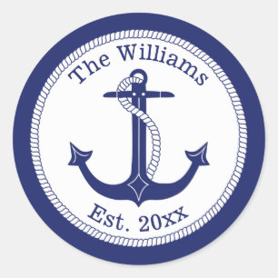Nautical Navy Blue Anchor Family Name Classic Round Sticker