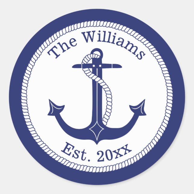 Nautical Navy Blue Anchor Family Name Classic Round Sticker (Front)
