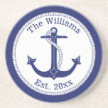 Nautical Navy Blue Anchor Family Name Coaster<br><div class="desc">This nautical design on this coaster has a navy blue anchor with a circular rope border and a navy blue edge.   Personalise with your own family name and year of establishment,  or replace with other text.</div>