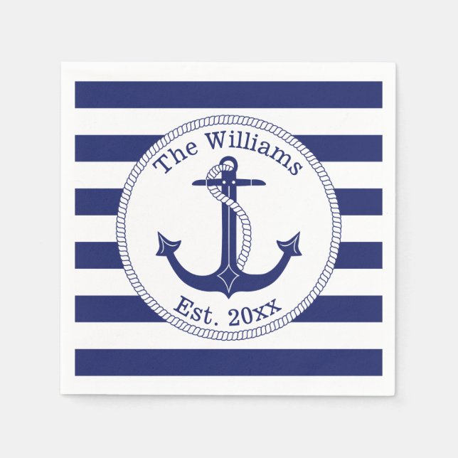 Nautical Navy Blue Anchor Family Name Napkin (Front)