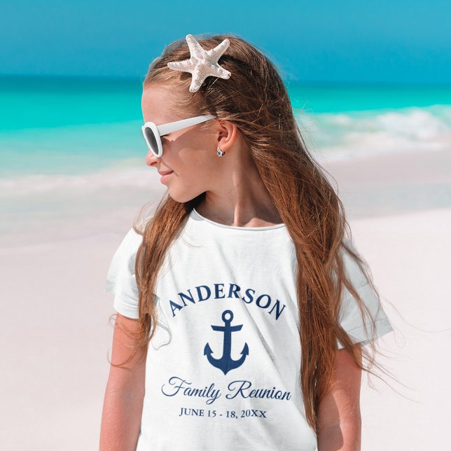 Nautical Navy Blue Anchor Family Reunion Girl's T-Shirt (Customize to change text size. Choose from a variety of shirt colors and styles.)