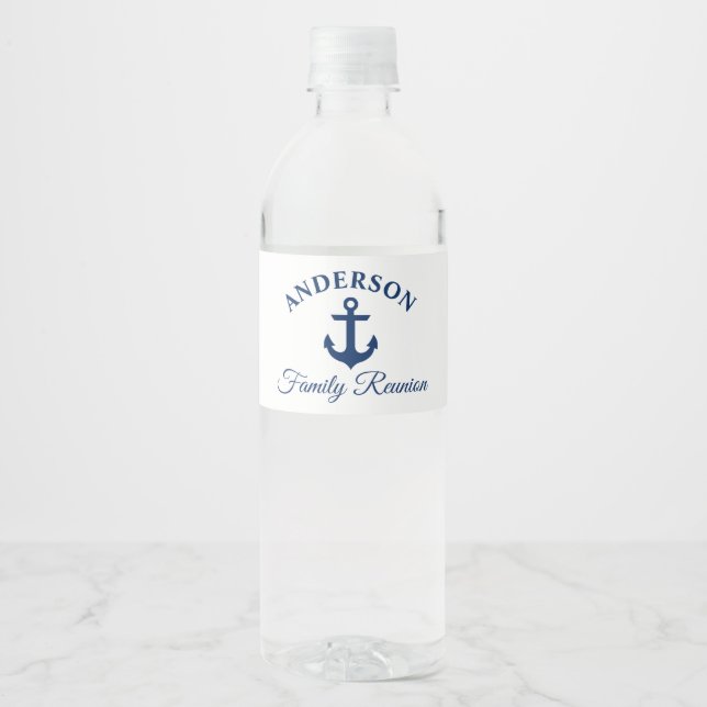 Nautical Navy Blue Anchor Family Reunion Water Bottle Label (Front)