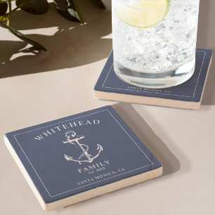 Nautical Navy Blue Anchor Family Stone Coaster