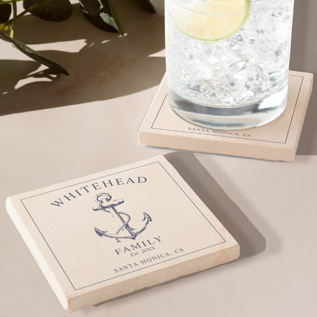 Nautical Navy Blue Anchor Family Stone Coaster (Elevate your dining experience with our monogram Stone Coaster with nautical anchor design )