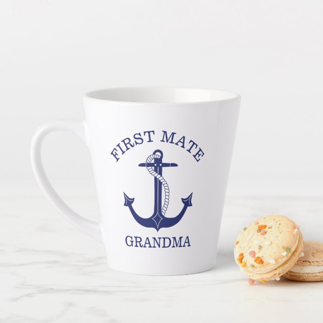 Nautical Navy Blue Anchor First Mate Grandma Latte Mug (In Situ)