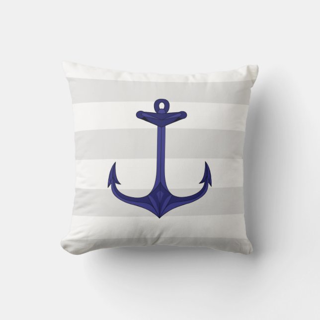 Nautical Navy Blue Anchor Grey White Stripes Cushion (Front)