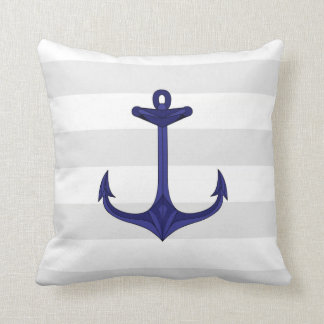 Nautical Navy Blue Anchor Grey White Stripes Cushion