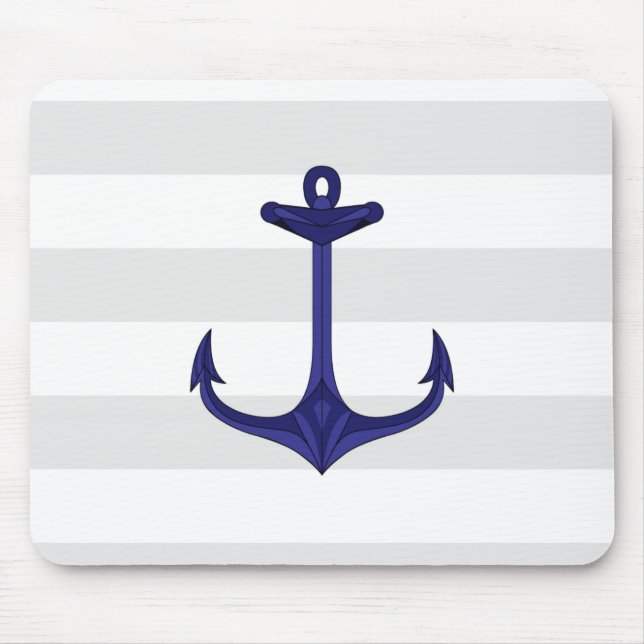 Nautical Navy Blue Anchor Grey White Stripes Mouse Mat (Front)