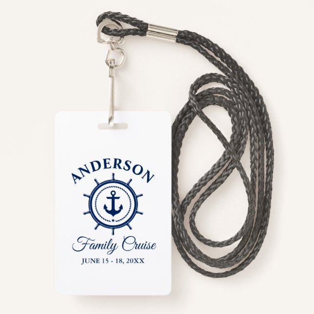 Nautical Navy Blue Anchor Helm Family Cruise ID Badge (Front with Lanyard)