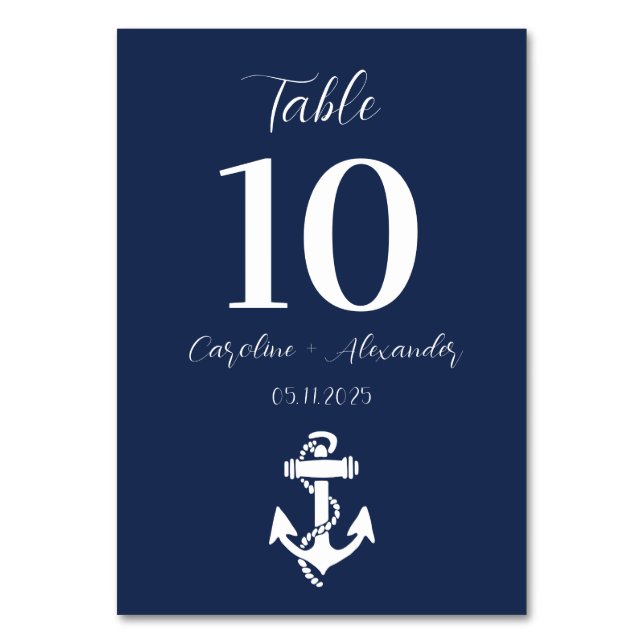 Nautical Navy Blue Anchor Modern Elegant Wedding Table Number (Front)
